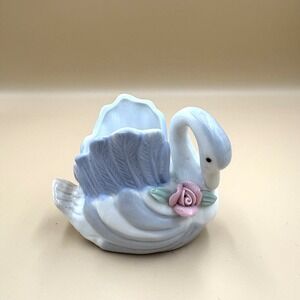Vintage Small‎ Ceramic Swan, Cottagecore, Blue with Pink Rose